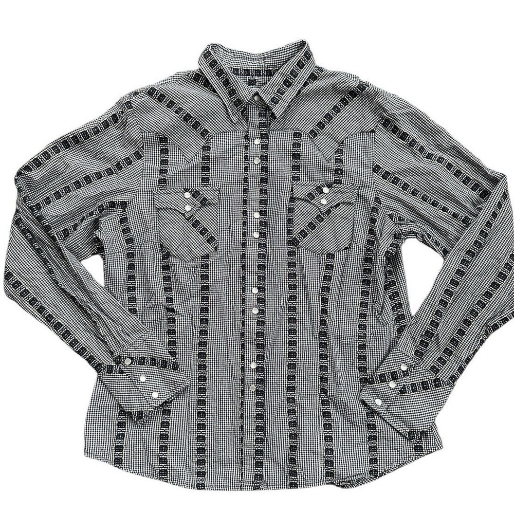 Roper‎ Western Snap Shirt Womens Large Black White Gingham Metallic Excellent L